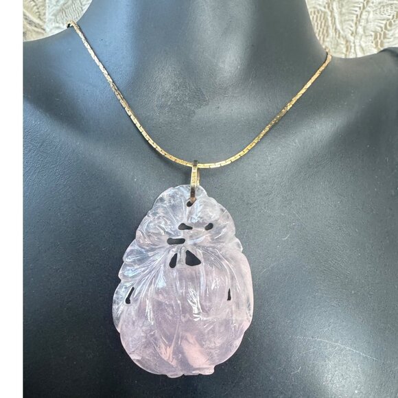 Vintage Rose Quartz Carved Heart Pendant Necklace 14k Gold Chain - Picture 1 of 11